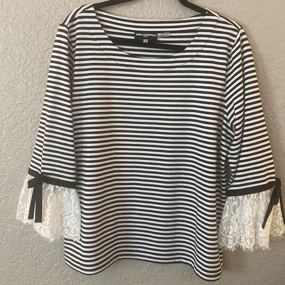 Karl Lagerfeld Lace Sleeves Striped Knit Top - Picture 7 of 12